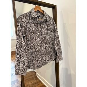 Talbots Petites Wrinkle Resistant Button Down Shirt Black White Damask Print 10P